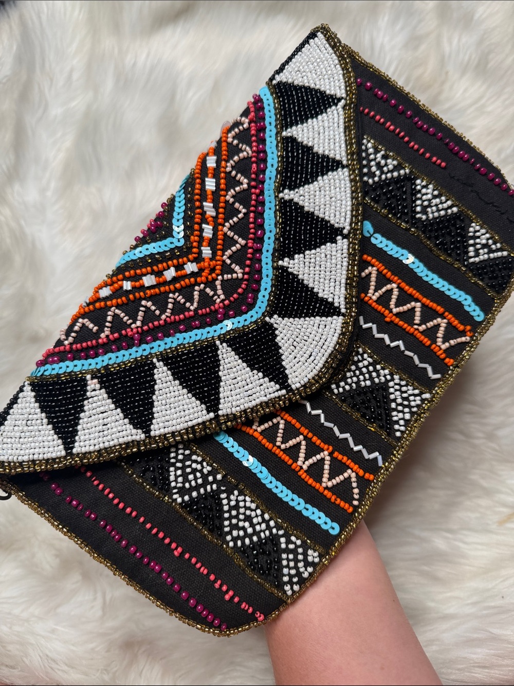 Beaded Black Multicolor Envelope Clutch
